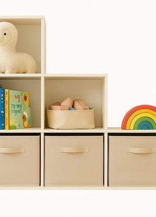 Dečija polica za knjige, organizator za igračke, KINDER HOME sa 6 pregrada i kutijama za tekstil, bela, Montesori nameštaj