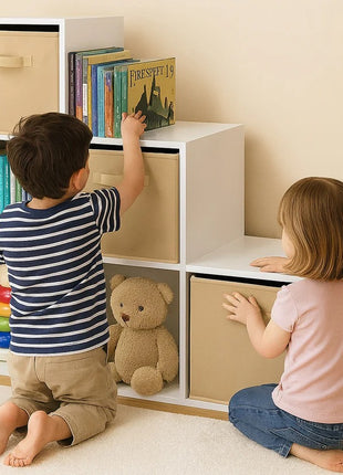 Dečija polica za knjige, organizator za igračke, KINDER HOME sa 6 pregrada i kutijama za tekstil, bela, Montesori nameštaj