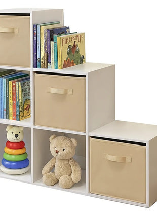 Dečija polica za knjige, organizator za igračke, KINDER HOME sa 6 pregrada i kutijama za tekstil, bela, Montesori nameštaj