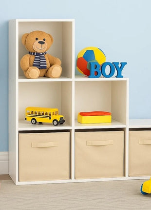 Dečija polica za knjige, organizator za igračke, KINDER HOME sa 6 pregrada i kutijama za tekstil, bela, Montesori nameštaj