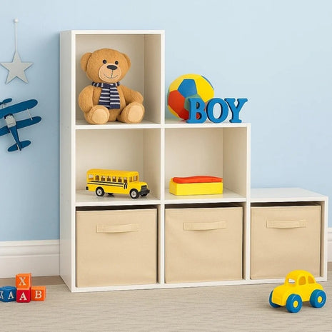 Dečija polica za knjige, organizator za igračke, KINDER HOME sa 6 pregrada i kutijama za tekstil, bela, Montesori nameštaj