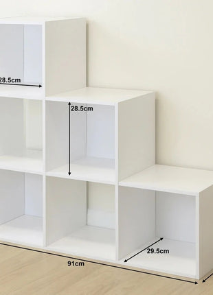 Dečija polica za knjige, organizator za igračke, KINDER HOME sa 6 pregrada i kutijama za tekstil, bela, Montesori nameštaj