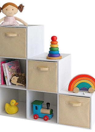 Dečija polica za knjige, organizator za igračke, KINDER HOME sa 6 pregrada i kutijama za tekstil, bela, Montesori nameštaj