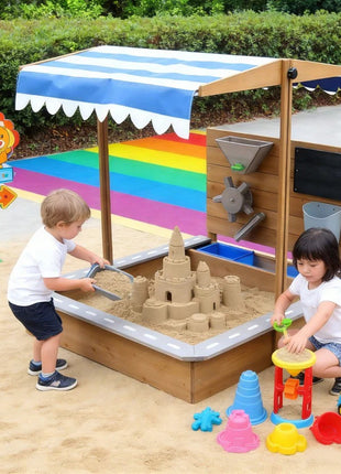 Dečiji drveni peskarnik za igru KINDER HOME sa podesivim krovom i dodacima – Playpen Mill, staza za autiće