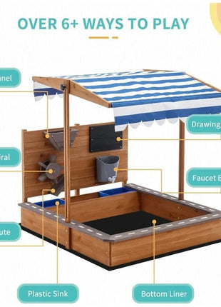 Dečiji drveni peskarnik za igru KINDER HOME sa podesivim krovom i dodacima – Playpen Mill, staza za autiće