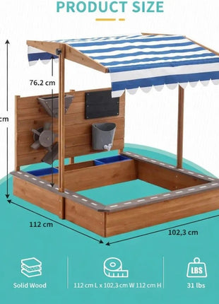 Dečiji drveni peskarnik za igru KINDER HOME sa podesivim krovom i dodacima – Playpen Mill, staza za autiće