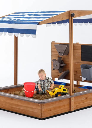 Dečiji drveni peskarnik za igru KINDER HOME sa podesivim krovom i dodacima – Playpen Mill, staza za autiće
