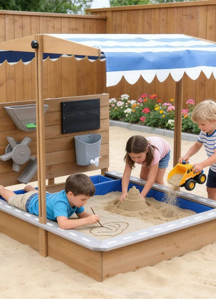 Dečiji drveni peskarnik za igru KINDER HOME sa podesivim krovom i dodacima – Playpen Mill, staza za autiće