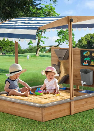 Dečiji drveni peskarnik za igru KINDER HOME sa podesivim krovom i dodacima – Playpen Mill, staza za autiće