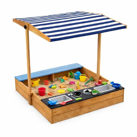 Dečiji drveni peskarnik za igru 3 u 1 sa kuhinjom, klupom i suncobranom sa UV zaštitom  KINDER HOME