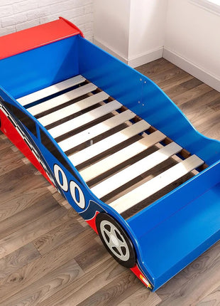 Drveni dečiji krevet, trkački automobil sa ugrađenim stepenikom i sigurnosnim ramom - FORMULA