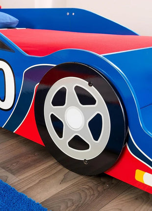 Drveni dečiji krevet, trkački automobil sa ugrađenim stepenikom i sigurnosnim ramom - FORMULA