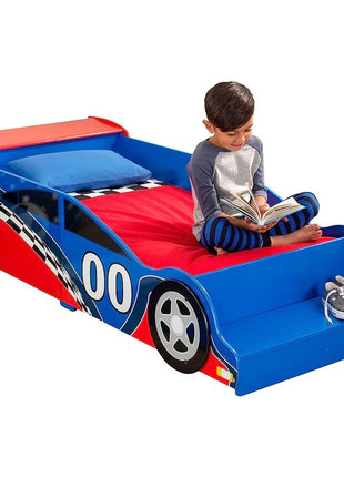 Drveni dečiji krevet, trkački automobil sa ugrađenim stepenikom i sigurnosnim ramom - FORMULA