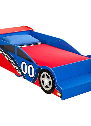 Drveni dečiji krevet, trkački automobil sa ugrađenim stepenikom i sigurnosnim ramom - FORMULA