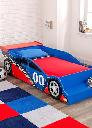 Drveni dečiji krevet, trkački automobil sa ugrađenim stepenikom i sigurnosnim ramom - FORMULA