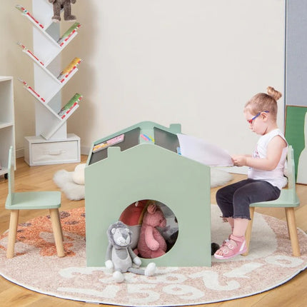 KINDER HOME Dječji sto sa 2 stolice - Kuća za više aktivnosti sa crnim stolom, stolom za crtanje i čitanje
