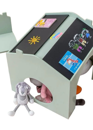 KINDER HOME Dečiji sto sa 2 stolice - Kuća za više aktivnosti sa crnom tablom, stolom za crtanje i čitanje