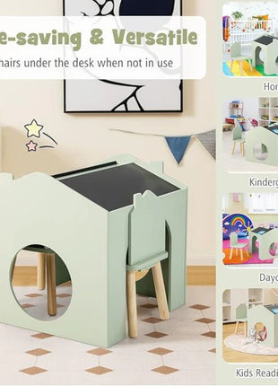 KINDER HOME Dečiji sto sa 2 stolice - Kuća za više aktivnosti sa crnom tablom, stolom za crtanje i čitanje