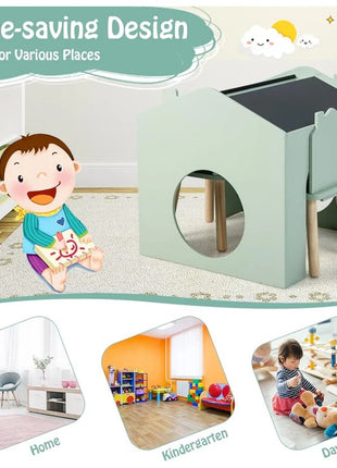 KINDER HOME Dečiji sto sa 2 stolice - Kuća za više aktivnosti sa crnom tablom, stolom za crtanje i čitanje