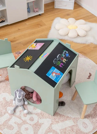 KINDER HOME Dečiji sto sa 2 stolice - Kuća za više aktivnosti sa crnom tablom, stolom za crtanje i čitanje