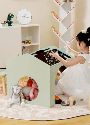 KINDER HOME Dečiji sto sa 2 stolice - Kuća za više aktivnosti sa crnom tablom, stolom za crtanje i čitanje