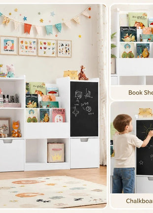KINDER HOME organizator za dečije igračke sa tablom, policom, 2 fioke i 6 pregrada, puno drvo i MDF