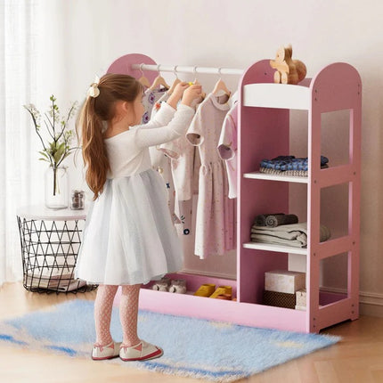 Dječji stalak za odjeću sa ogledalom KINDER HOME - Dječji otvoreni ormar s policama i vešalicama, ROZE