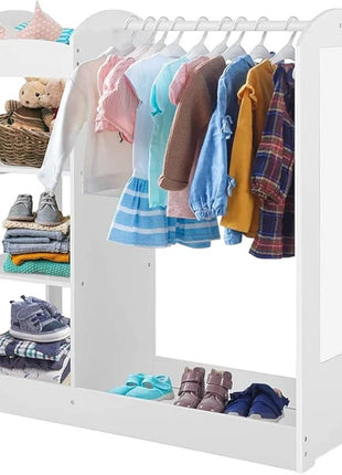 Dečiji stalak za odeću sa ogledalom KINDER HOME - Dečiji otvoreni ormar sa policama i vešalicama, bela