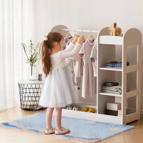 Dečiji stalak za odeću sa ogledalom KINDER HOME - Dečiji otvoreni ormar sa policama i vešalicama, bela