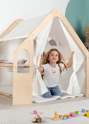 Dečiji drveni letnjikovac 6 u 1 KINDER HOME – stolica, sto, tabla, organizator, tenda i mekana podloga