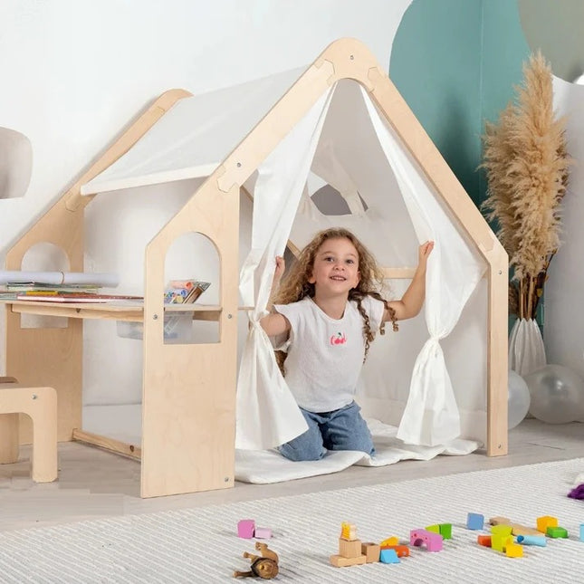 Dječji drveni letnjikovac 6 u 1 KINDER HOME – stolica, sto, stol, organizator, tenda i mekana podloga