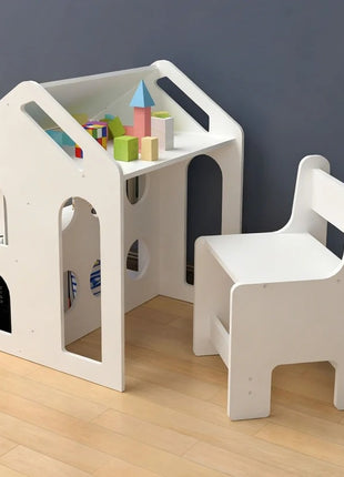 Dečiji radni sto KINDER HOME sa stolicom, policom i tablom, Montesori sto za crtanje i učenje, beli, puno drvo i MDF