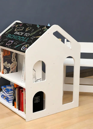 Dečiji radni sto KINDER HOME sa stolicom, policom i tablom, Montesori sto za crtanje i učenje, beli, puno drvo i MDF