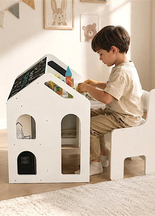 Dečiji radni sto KINDER HOME sa stolicom, policom i tablom, Montesori sto za crtanje i učenje, beli, puno drvo i MDF