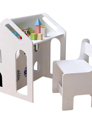 Dečiji radni sto KINDER HOME sa stolicom, policom i tablom, Montesori sto za crtanje i učenje, beli, puno drvo i MDF