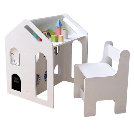 Dečiji radni sto KINDER HOME sa stolicom, policom i tablom, Montesori sto za crtanje i učenje, beli, puno drvo i MDF