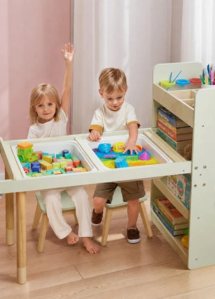 KINDER HOME Dečiji aktivni sto 3 u 1 sa 2 stolice, senzornim stolom za pesak i vodu, belom i crnom tablom, policom i organizatorom