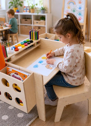 KINDER HOME Dečiji drveni sto sa podesivom visinom, stolicom i organizatorom, Montesori sto za crtanje, edukativni set za decu, prirodno drvo