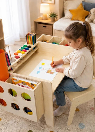 KINDER HOME Dečiji drveni sto sa podesivom visinom, stolicom i organizatorom, Montesori sto za crtanje, edukativni set za decu, prirodno drvo