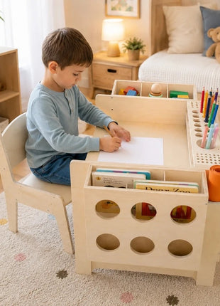 KINDER HOME Dečiji drveni sto sa podesivom visinom, stolicom i organizatorom, Montesori sto za crtanje, edukativni set za decu, prirodno drvo