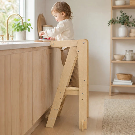 Montesori toranj za decu KINDER HOME, sklopiva kuhinjska stolica za hranjenje, toranj za učenje, bezbedne dečije merdevine, puno prirodno drvo