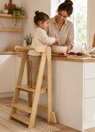 Montesori toranj za decu KINDER HOME, sklopiva kuhinjska stolica za hranjenje, toranj za učenje, bezbedne dečije merdevine, puno prirodno drvo