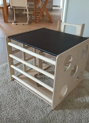 Montesori set 2 u 1 KINDER HOME, dečiji sto sa stolicom i kockom za penjanje, sto za aktivnu igru, prirodno drvo