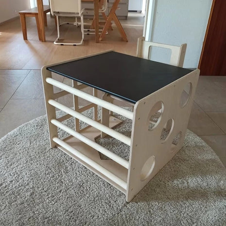 Montesori set 2 u 1 KINDER HOME, dečiji sto sa stolicom i kockom za penjanje, sto za aktivnu igru, prirodno drvo