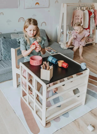 Montesori set 2 u 1 KINDER HOME, dečiji sto sa stolicom i kockom za penjanje, sto za aktivnu igru, prirodno drvo
