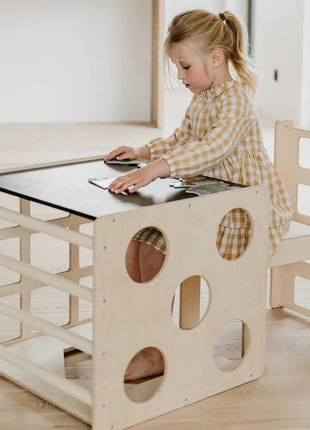 Montesori set 2 u 1 KINDER HOME, dečiji sto sa stolicom i kockom za penjanje, sto za aktivnu igru, prirodno drvo