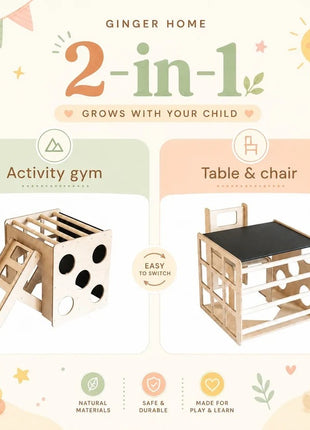 Montesori set 2 u 1 KINDER HOME, dečiji sto sa stolicom i kockom za penjanje, sto za aktivnu igru, prirodno drvo