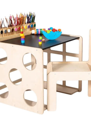 Montesori set 2 u 1 KINDER HOME, dečiji sto sa stolicom i kockom za penjanje, sto za aktivnu igru, prirodno drvo