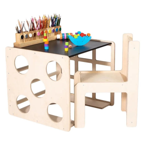 Montesori set 2 u 1 KINDER HOME, dečiji sto sa stolicom i kockom za penjanje, sto za aktivnu igru, prirodno drvo