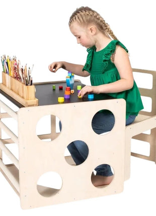Montesori set 2 u 1 KINDER HOME, dečiji sto sa stolicom i kockom za penjanje, sto za aktivnu igru, prirodno drvo